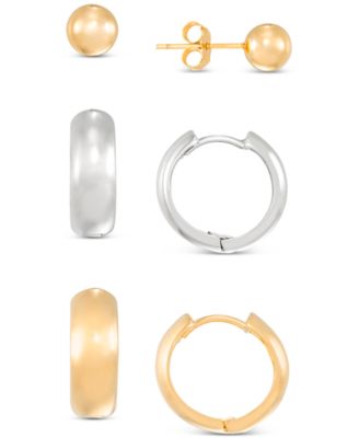 Macy's - 3-Pc. Set Stud & Huggie Hoop Earrings in Sterling Silver & 14k Gold-Plate