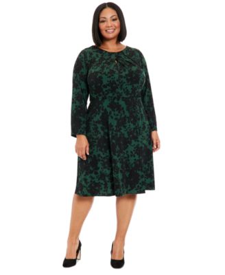 London Times - Plus Size Printed Keyhole Long-Sleeve Dress