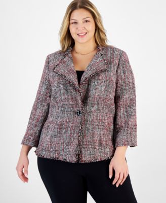 Kasper - Plus Size Tweed Wing-Collar One-Button Jacket