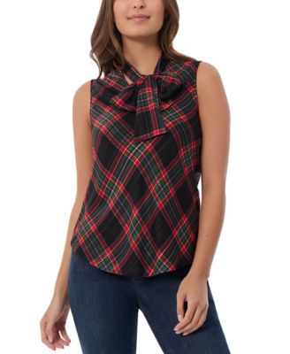 Jones New York - Women's Plaid Tie-Neck Sleeveless Top