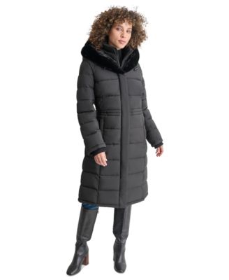 DKNY - Women's Faux-Fur-Trim Hooded Bibbed Puffer Coat