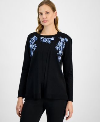 Kasper - Women's Open-Front Embroidered Cardigan