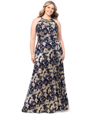Betsy & Adam - Plus Size Floral Foil Print Halter-Neck Gown