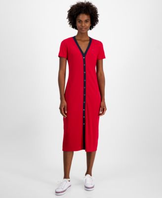Tommy Hilfiger - Women's V-Neck Button-Front Midi Dress