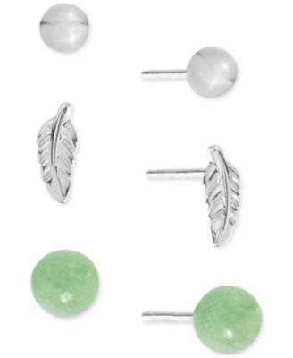 Macy's - 3-Pc. Set Green Aventurine, Polished Sphere & Feather Stud Earrings in Sterling Silver