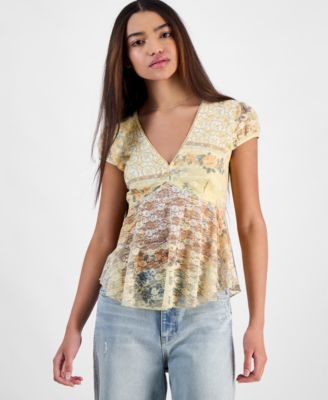 Madden Girl - Juniors' V-Neck Cap Sleeve Babydoll Lace Top