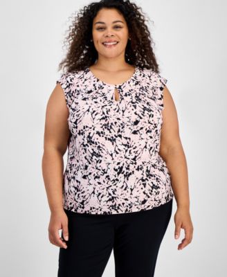 Kasper - Plus Size Printed Sleeveless Keyhole Blouse