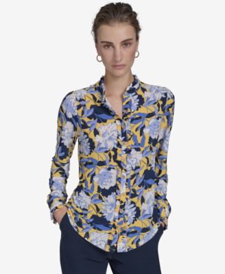 Tommy Hilfiger - Women's Floral-Print Ruffled-Placket Button-Down Knit Top