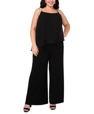 MSK - Plus Size Rhinestone-Strap Overlay Wide-Leg Jumpsuit