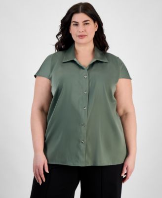 Anne Klein - Plus Size Cap-Sleeve Satin Collared Blouse