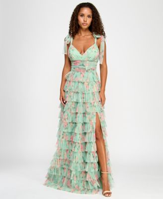 B Darlin - Juniors' Floral Ruffle-Tiered Tie-Shoulder Gown