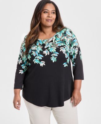 JM Collection - Plus Size Shadow Scoop-Neck 3/4-Sleeve Top