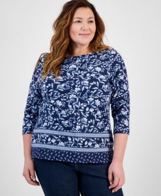 Style & Co - Plus Size Cotton Printed 3/4-Sleeve Top