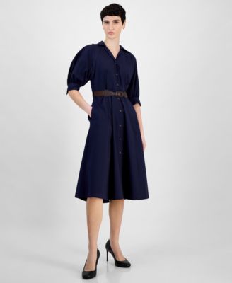 Sandra Darren - Petite Belted Button-Down 3/4-Sleeve Shirtdress