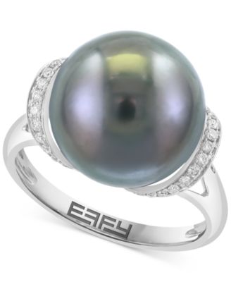 EFFY Collection - Cultured Black Tahitian Pearl (13mm) & Diamond (1/8 ct. t.w.) Ring in 14k White Gold