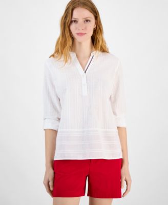 Tommy Hilfiger - Women's Clip-Dot Stripe Split-Neck Top