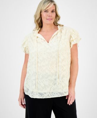 Anne Klein - Plus Size Ruffle-Trim Tie-Neck Blouse