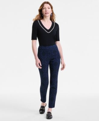 JM Collection - Women's Medallion-Print Jacquard Pull-On Pants