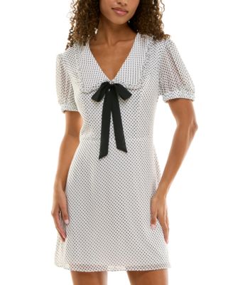 B Darlin - Juniors' Collared Bow-Trim Puff-Sleeve Dress