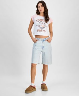 Tinseltown - Juniors' High-Rise Raw-Edge Denim Shorts
