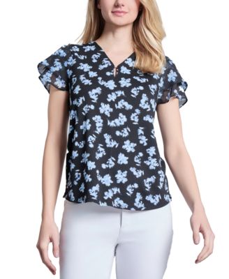 Jones New York - Women's Moss Crepe V-Neck Flutter-Sleeve Top