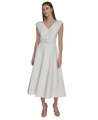 Calvin Klein - Women's V-Neck Belted A-Line Scuba Dress