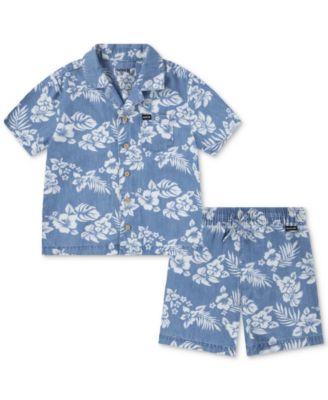 Hurley - Toddler Boys Chambray Printed Camp Shirt & Shorts Set