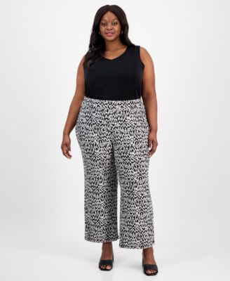 Kasper - Plus Size Printed Wide-Leg Pull-On Pants