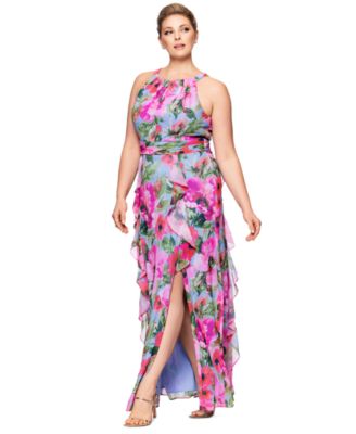 XSCAPE - Plus Size Printed A-Line Ruffle-Skirt Dress