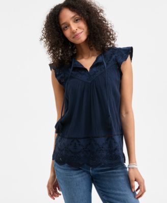Style & Co - Women's Mixed-Media Lace-Trimmed Peasant Top