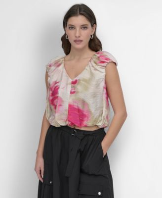 DKNY - Women's Floral-Print V-Neck Cap-Sleeve Top