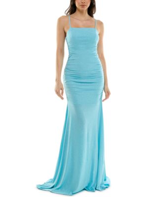 KATIA RAE - Juniors' Side-Ruched Lace-Up-Back Glitter Gown