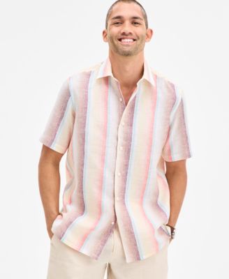 Club Room - Men's Sunrise Short Sleeved Striped Button-Front Linen Shirt