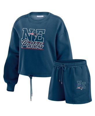 WEAR by Erin Andrews - Women's Navy New England Patriots Washed Fleece Long Sleeve T-Shirt Shorts Lounge Set