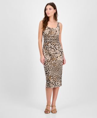 Bar III - Women's Animal-Print Mesh Ruched Midi Dress