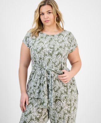 Kasper - Plus Size Printed Tie-Waist Cap-Sleeve Top