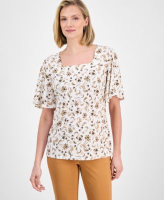 JM Collection - Petite Floral-Print Flutter-Sleeve Top, Exclusively at Macy's
