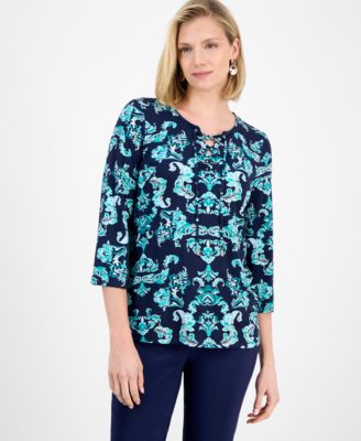 JM Collection - Petite Sumatra Scrolls Lace-Up Top