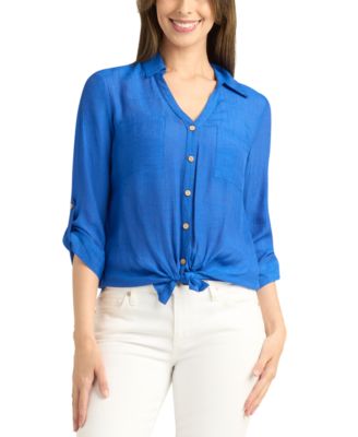 BCX - Juniors' Textured Roll-Sleeve Button-Front Top
