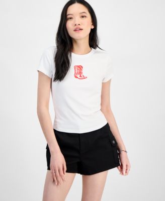 Just Polly - Juniors' Embroidered Cowboy Boots T-Shirt