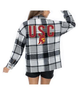 Gameday Couture - Women's Grey USC Trojans Long Sleeve Brushed Plaid Button-Up Overshirt Jacket