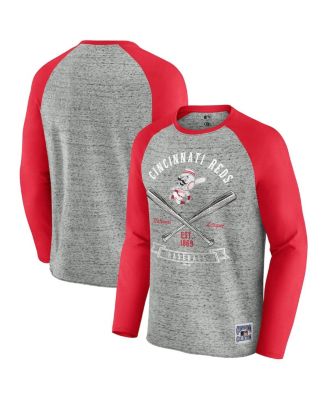 Fanatics - Men's Heather Gray Cincinnati Reds Raw Edge Raglan Long Sleeve Baseball T-shirt