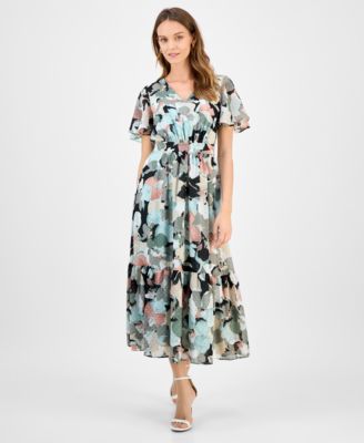 Kasper - Women's Printed Swiss Dot Flutter-Sleeve Midi Dress