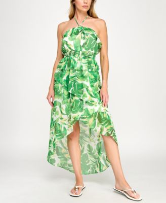 BCX - Juniors' Leaf-Print Ruffled Chiffon Dress