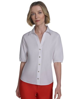 Halston - Women's Cotton Elbow-Sleeve Button-Front Blouse