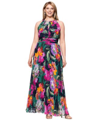 XSCAPE - Plus Size Printed Halter-Neck Pleated Sleeveless Gown