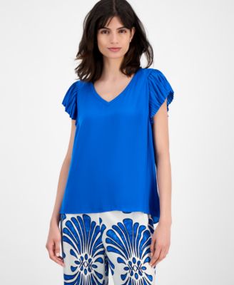 T Tahari - Women's Pleated Raglan-Sleeve V-Neck Top