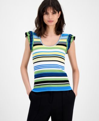 T Tahari - Women's Striped Flutter-Sleeve Scoop-Neck Top