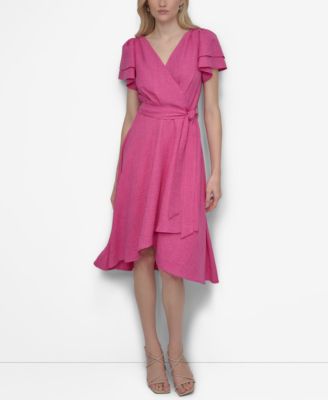 DKNY - Women's Flutter-Sleeve Side-Tie Faux-Wrap Dress