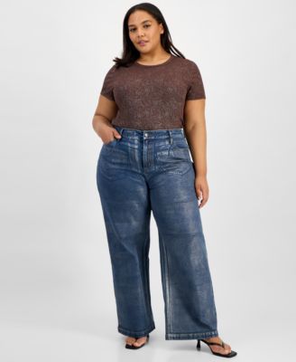 Bar III - Trendy Plus Size Metallic High-Rise Wide-Leg Jeans